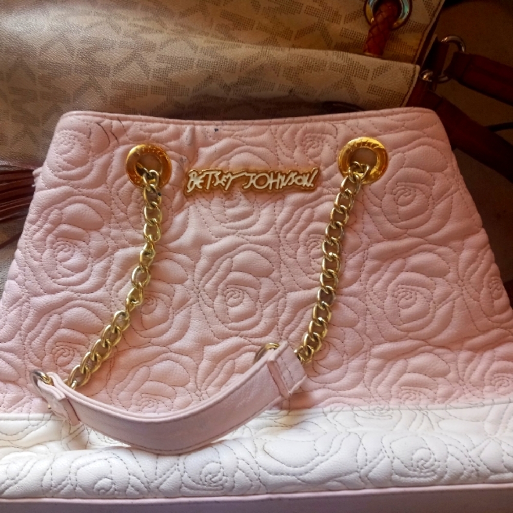 Betsy Johnson Pink and White Purse With Stitched Roses.